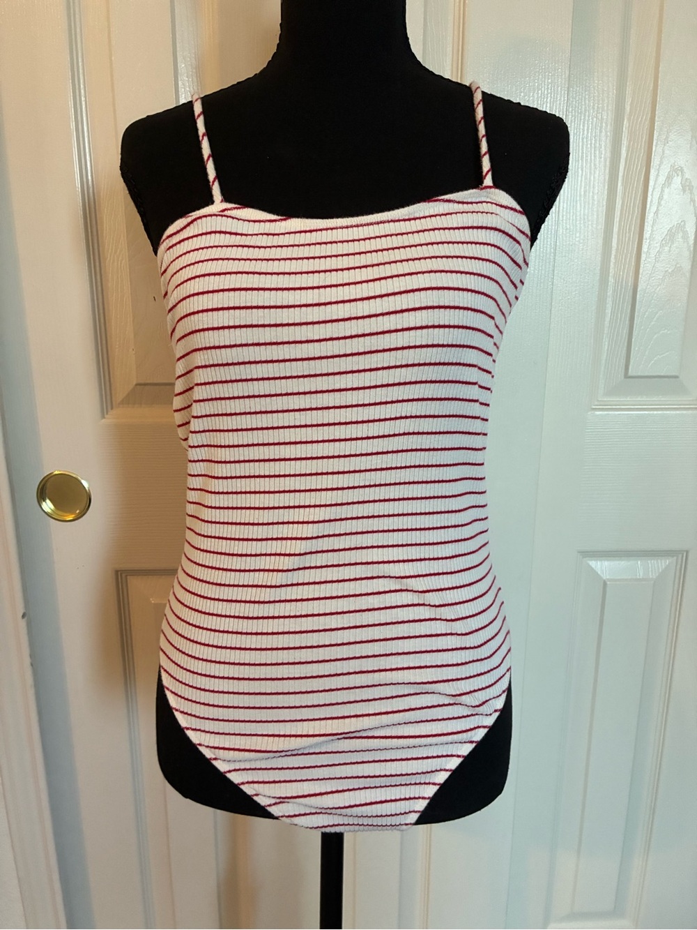Urban Outfitters White & Red Striped Ribbed Spaghetti-Strap Bodysuit